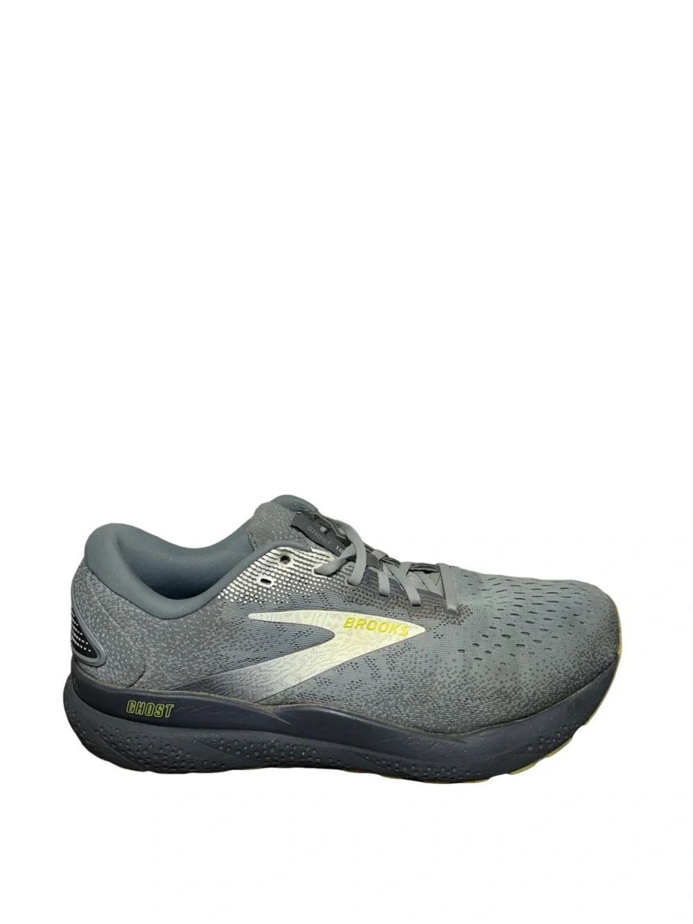 Brooks Ghost running men’s size 10.5 2E shoe - Gray with lime accents